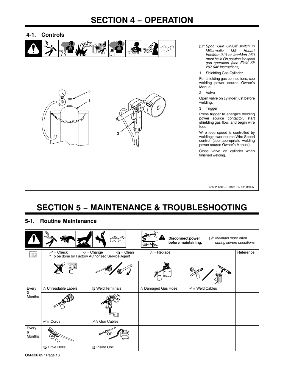 Section 4 − operation, 1. controls, Section 5 − maintenance & troubleshooting | 1. routine maintenance | Hobart Welding Products 3035-20 User Manual | Page 20 / 32