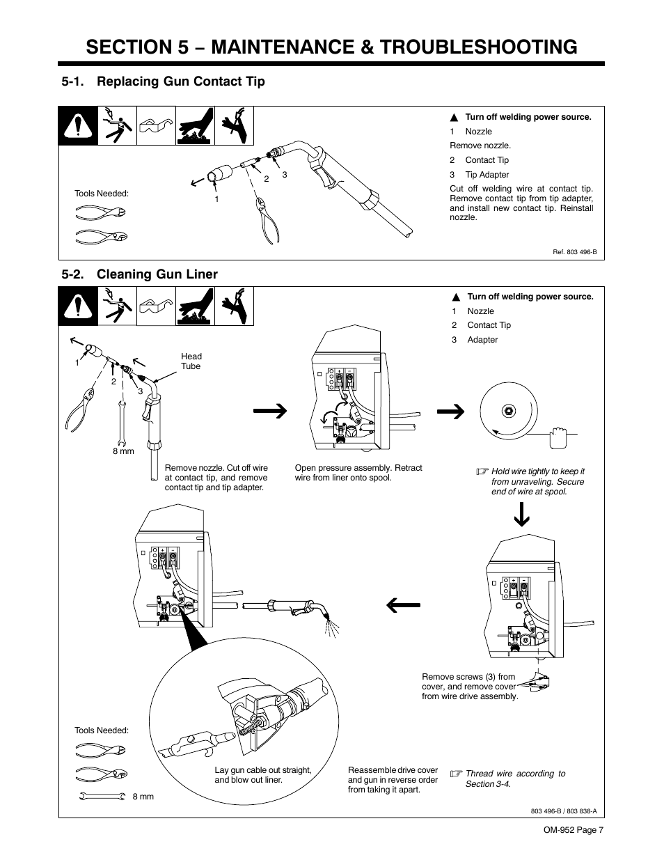 Section 5 − maintenance & troubleshooting, 1. replacing gun contact tip, 2. cleaning gun liner | Hobart Welding Products H-9A Gun User Manual | Page 11 / 24