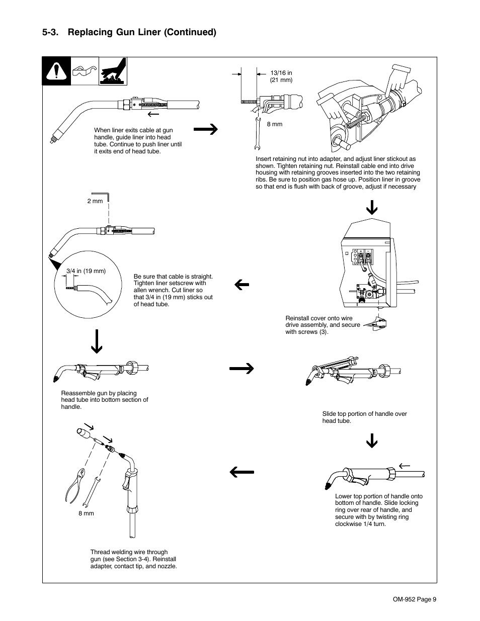 3. replacing gun liner (continued) | Hobart Welding Products H-9A Gun User Manual | Page 13 / 24