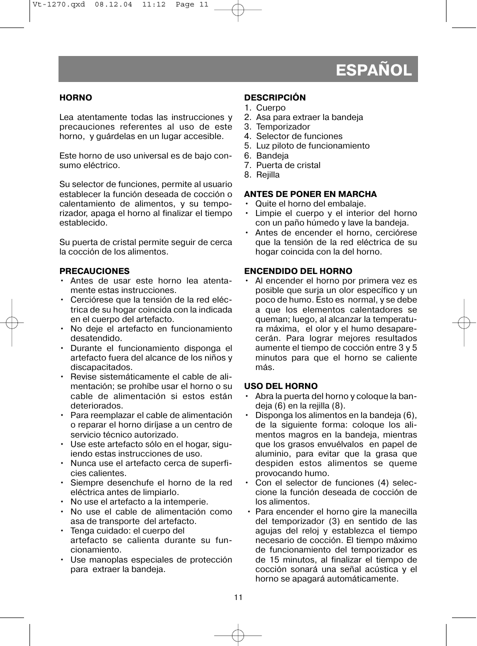 Español | Vitek VT-1270 User Manual | Page 14 / 32