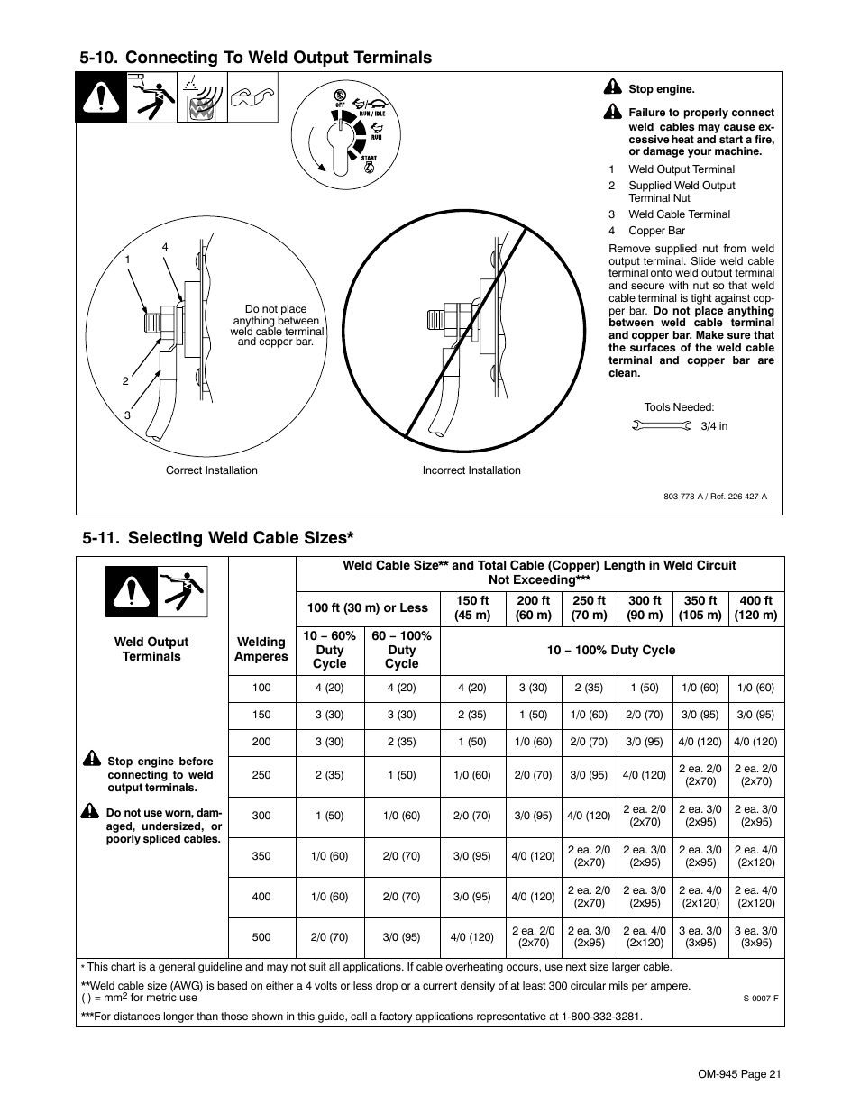 10. connecting to weld output terminals, 11. selecting weld cable sizes | Hobart Welding Products CHAMPION 10 User Manual | Page 25 / 68