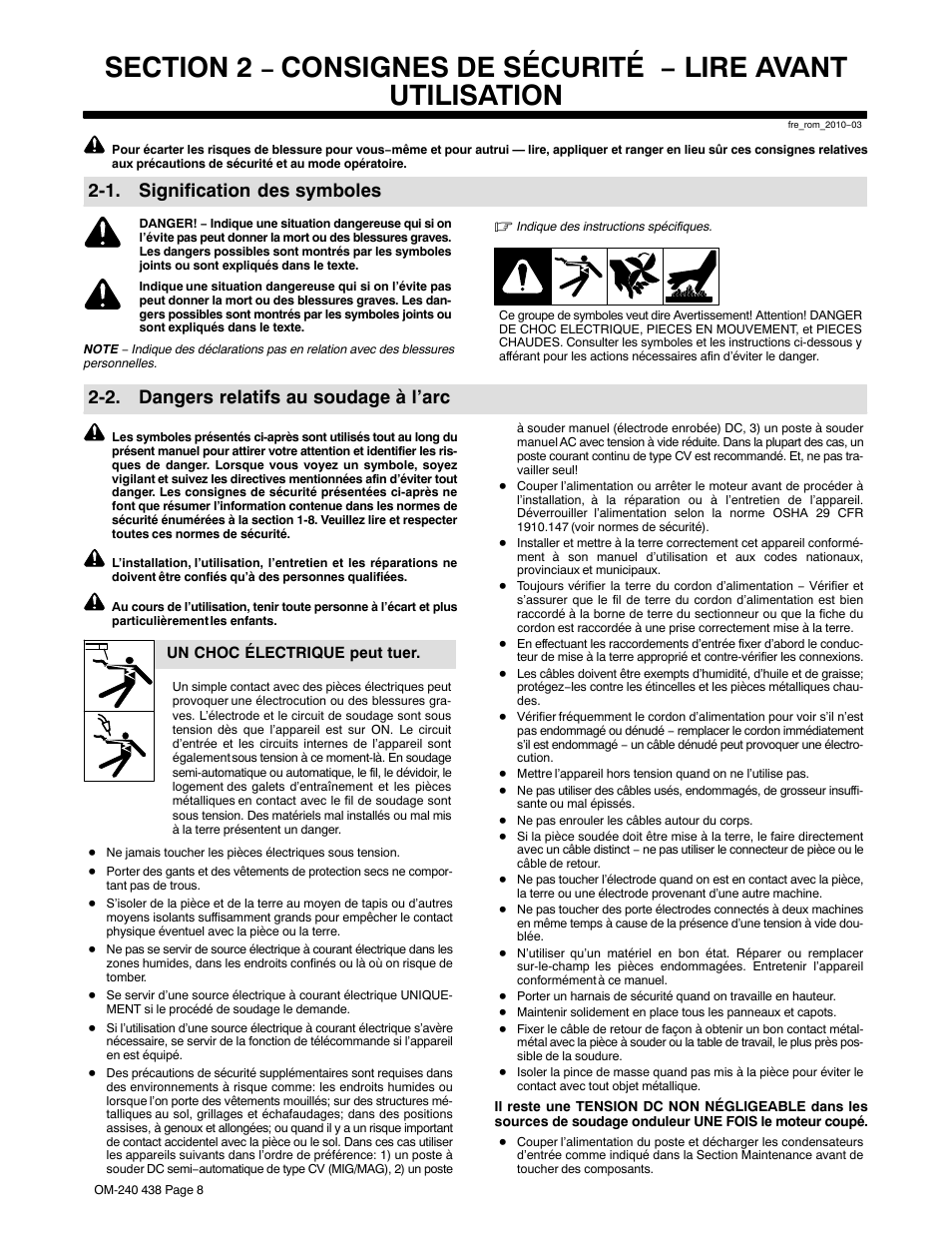1. signification des symboles, 2. dangers relatifs au soudage à l’arc, Consignes de sécurité − lire avant utilisation | Hobart Welding Products CHAMPION ELITE OM-240 438E User Manual | Page 12 / 64