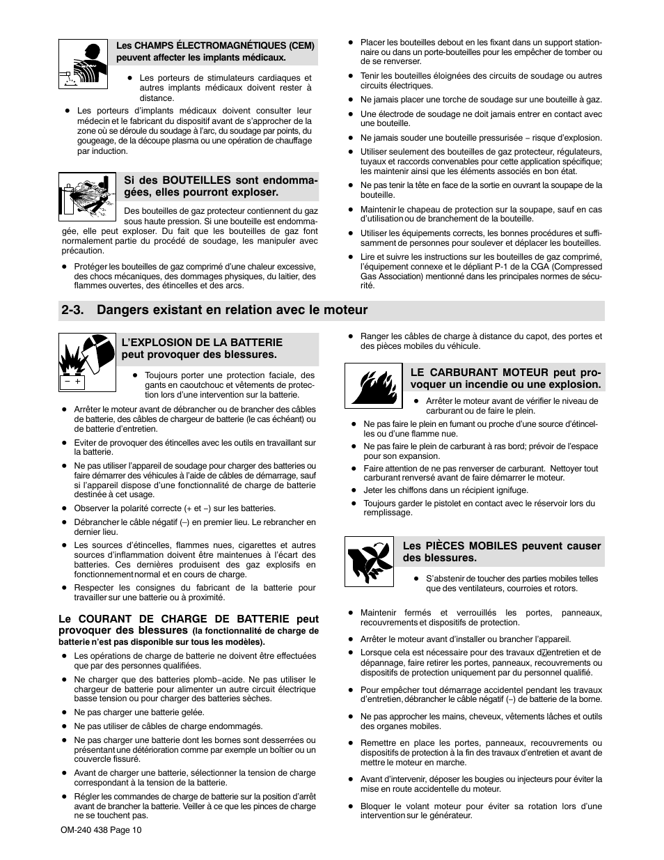 3. dangers existant en relation avec le moteur | Hobart Welding Products CHAMPION ELITE OM-240 438E User Manual | Page 14 / 64