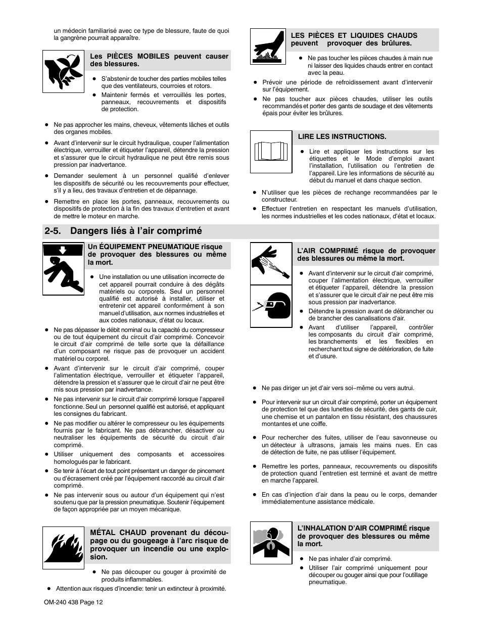 5. dangers liés à l’air comprimé | Hobart Welding Products CHAMPION ELITE OM-240 438E User Manual | Page 16 / 64