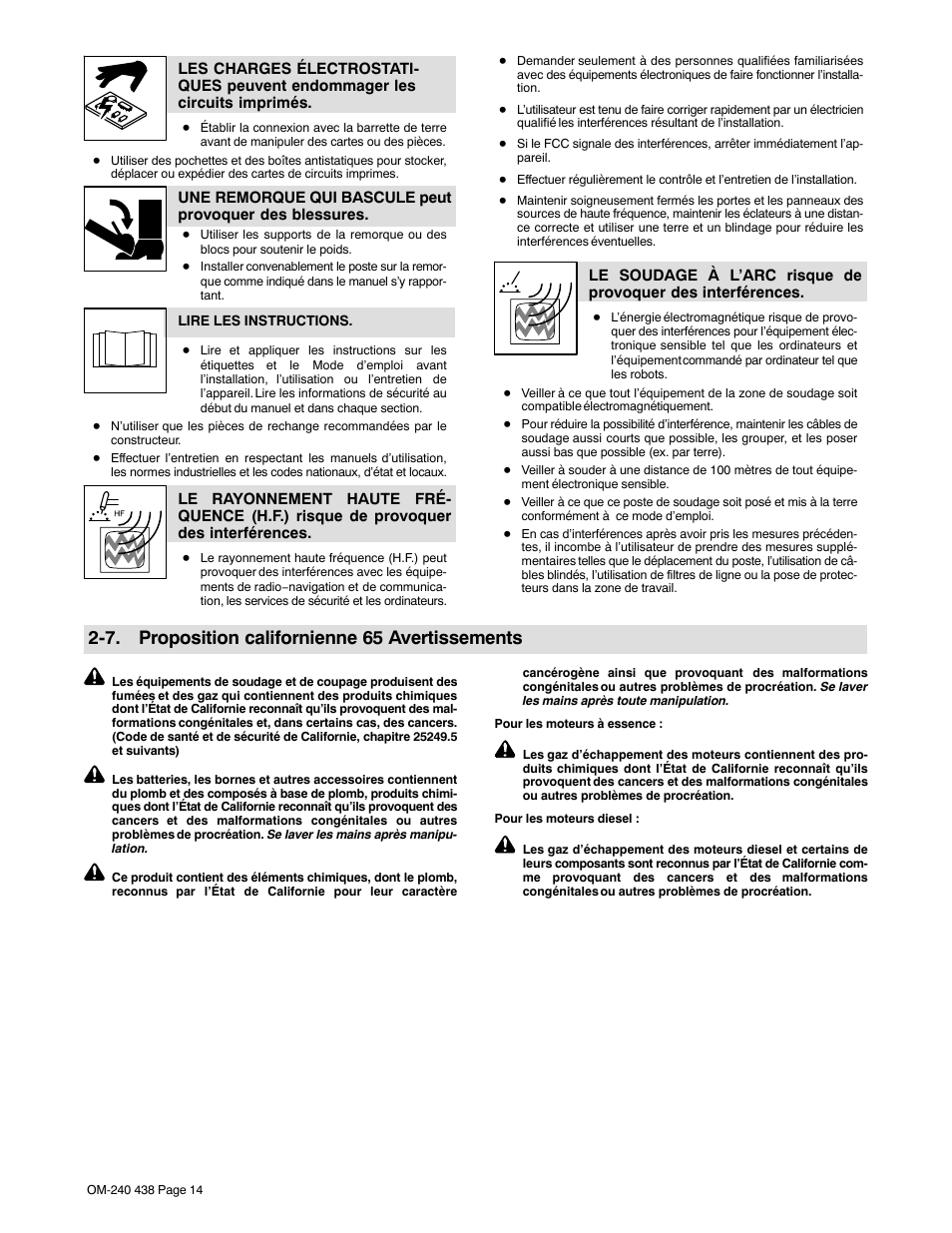 7. proposition californienne 65 avertissements | Hobart Welding Products CHAMPION ELITE OM-240 438E User Manual | Page 18 / 64