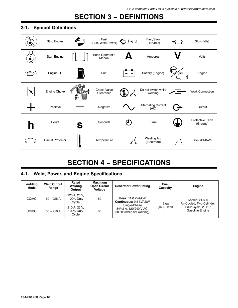 Section 3 − definitions, Section 4 − specifications, 1. weld, power, and engine specifications | 1. symbol definitions | Hobart Welding Products CHAMPION ELITE OM-240 438E User Manual | Page 20 / 64
