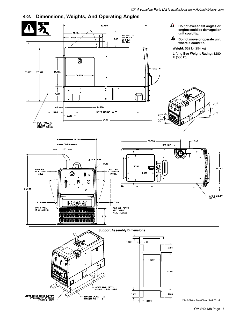 2. dimensions, weights, and operating angles | Hobart Welding Products CHAMPION ELITE OM-240 438E User Manual | Page 21 / 64