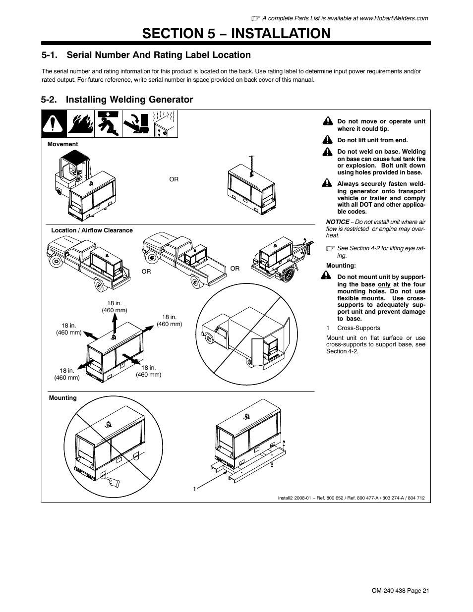 Section 5 − installation, 1. serial number and rating label location, 2. installing welding generator | Hobart Welding Products CHAMPION ELITE OM-240 438E User Manual | Page 25 / 64