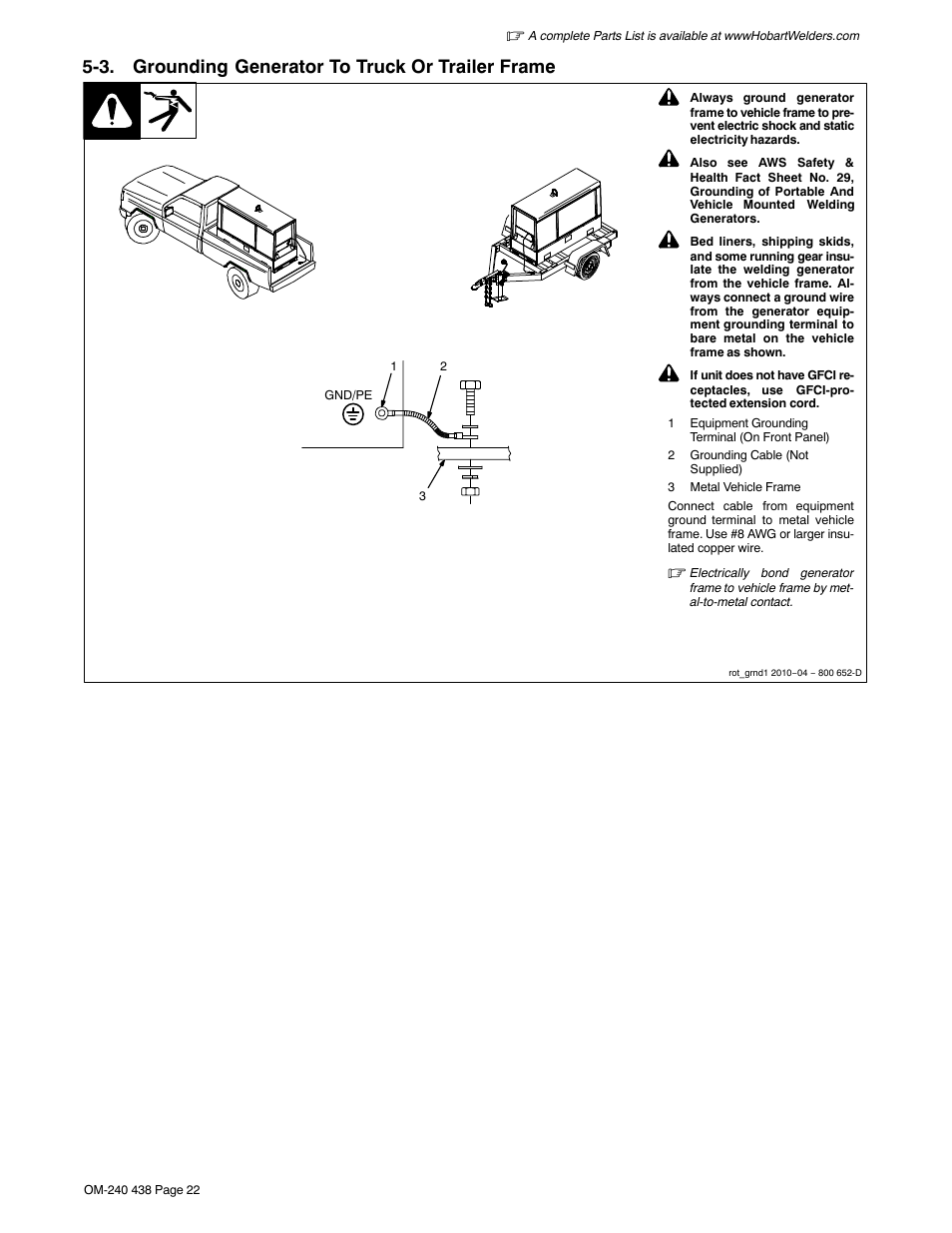 3. grounding generator to truck or trailer frame | Hobart Welding Products CHAMPION ELITE OM-240 438E User Manual | Page 26 / 64