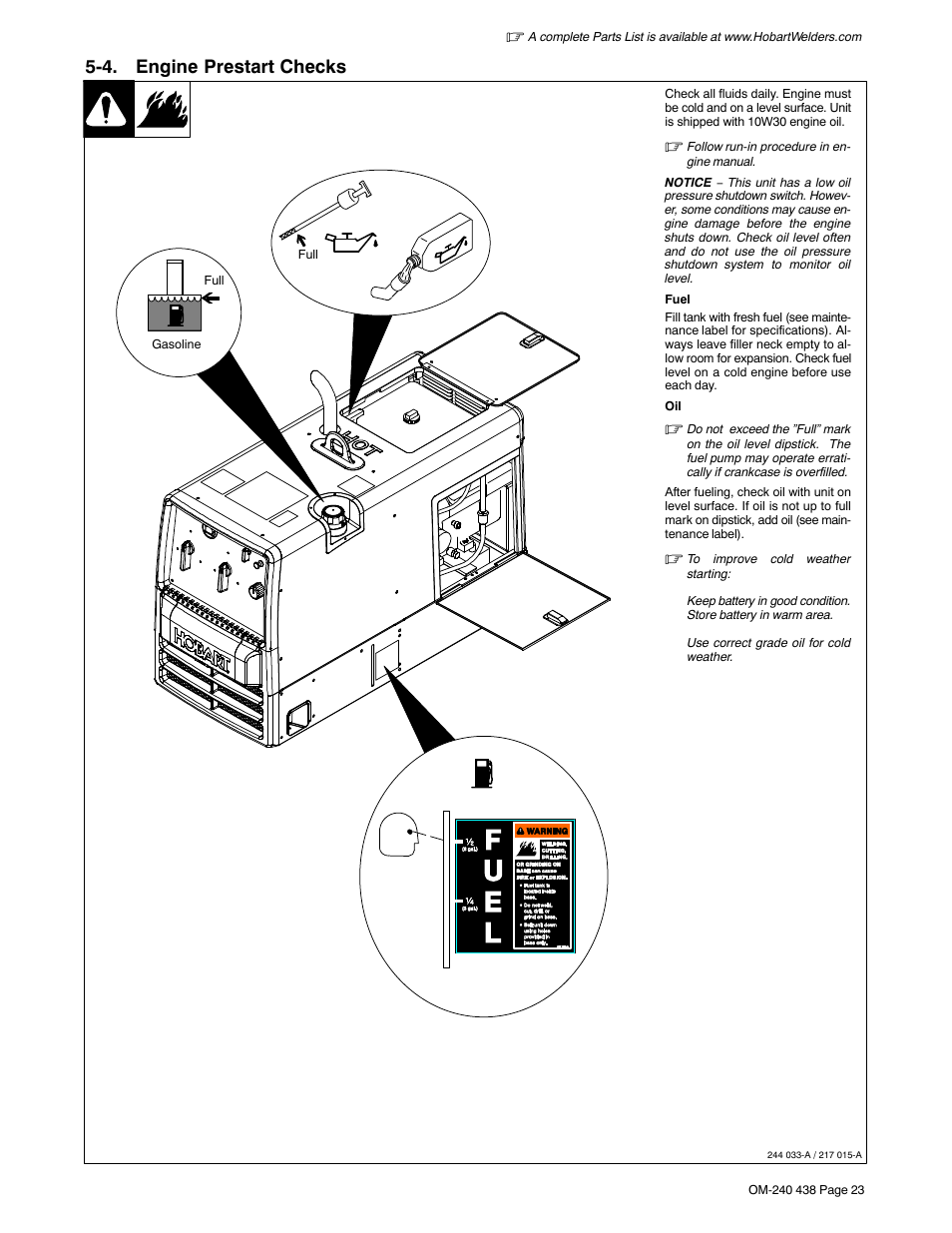 4. engine prestart checks | Hobart Welding Products CHAMPION ELITE OM-240 438E User Manual | Page 27 / 64