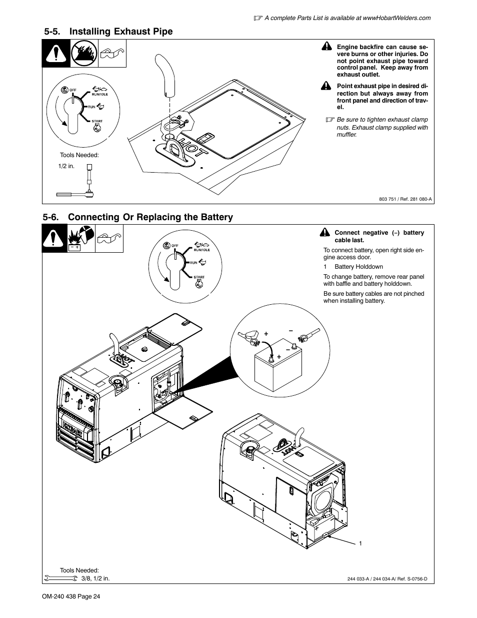 5. installing exhaust pipe, 6. connecting or replacing the battery | Hobart Welding Products CHAMPION ELITE OM-240 438E User Manual | Page 28 / 64