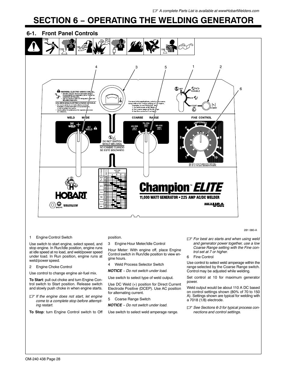 Section 6 − operating the welding generator, 1. front panel controls | Hobart Welding Products CHAMPION ELITE OM-240 438E User Manual | Page 32 / 64