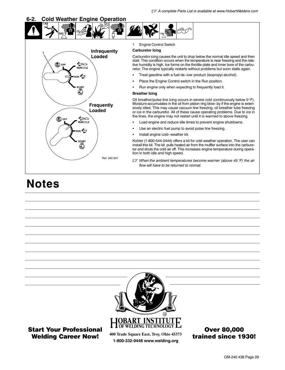 2. cold weather engine operation | Hobart Welding Products CHAMPION ELITE OM-240 438E User Manual | Page 33 / 64