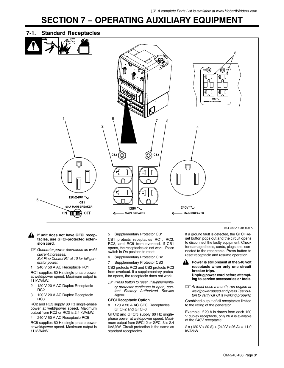 Section 7 − operating auxiliary equipment, 1. standard receptacles | Hobart Welding Products CHAMPION ELITE OM-240 438E User Manual | Page 35 / 64
