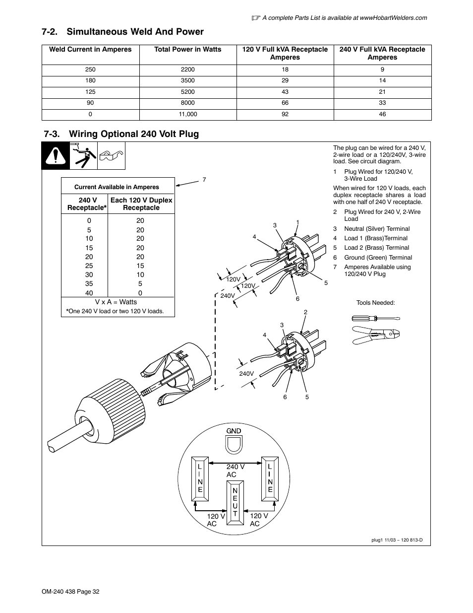 2. simultaneous weld and power, 3. wiring optional 240 volt plug | Hobart Welding Products CHAMPION ELITE OM-240 438E User Manual | Page 36 / 64