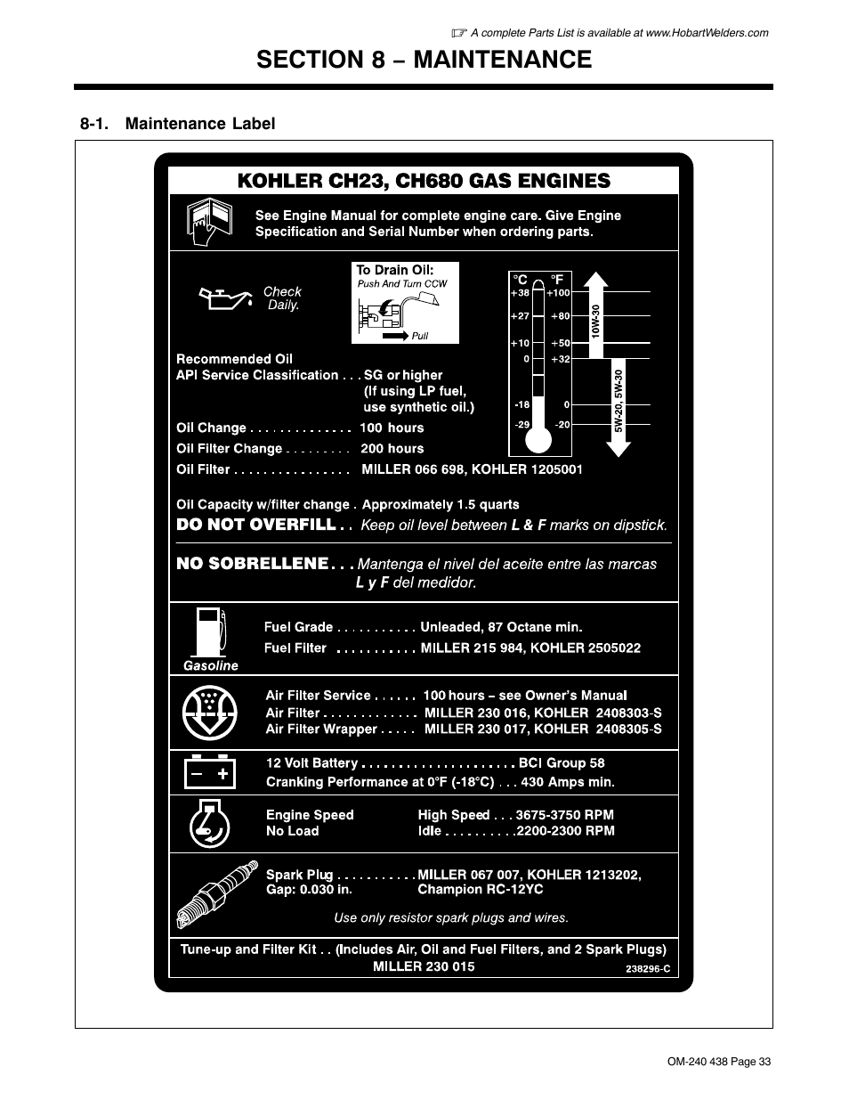 Section 8 − maintenance, 1. maintenance label | Hobart Welding Products CHAMPION ELITE OM-240 438E User Manual | Page 37 / 64