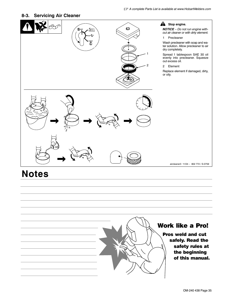 3. servicing air cleaner, Section 8-3, Work like a pro | Hobart Welding Products CHAMPION ELITE OM-240 438E User Manual | Page 39 / 64