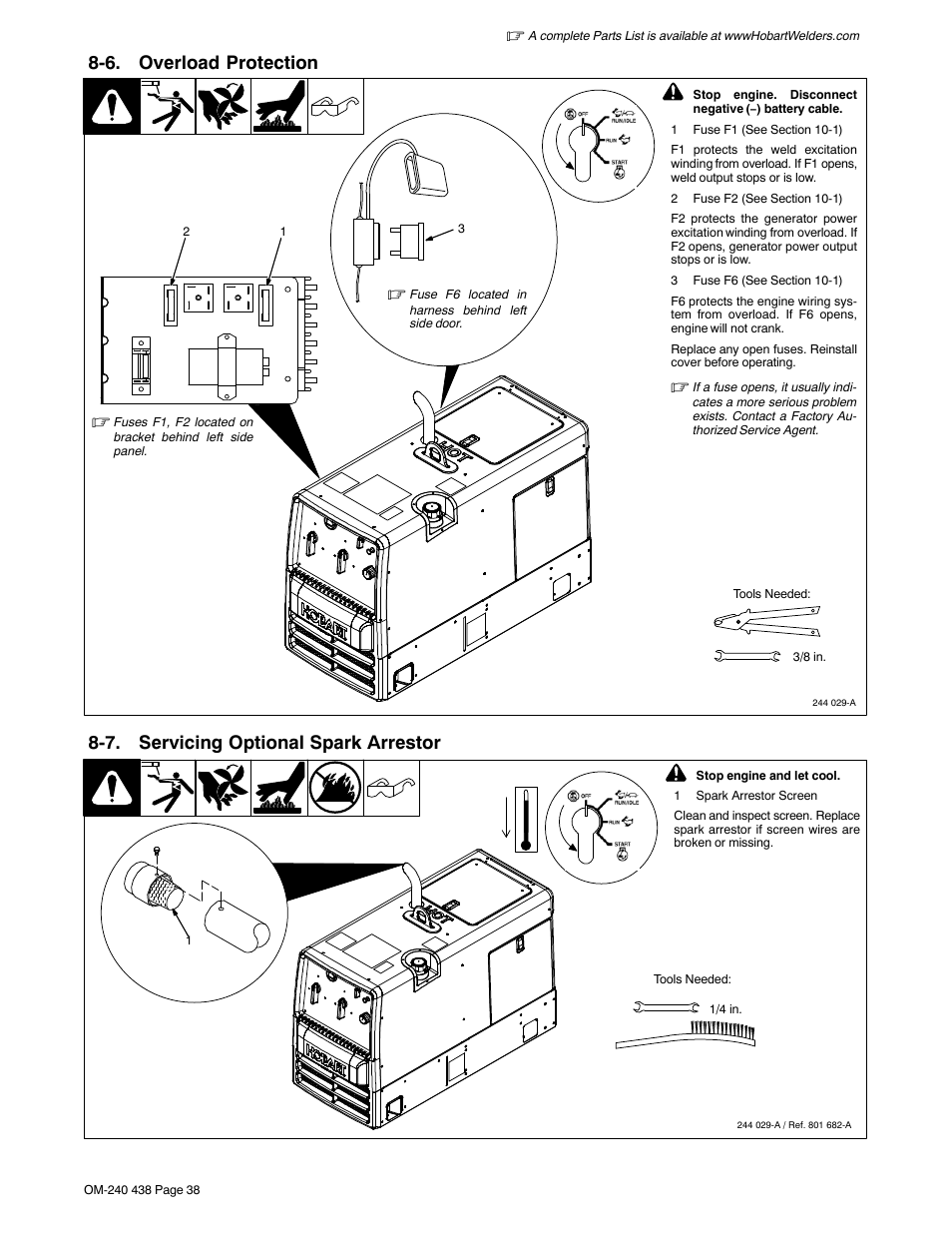 6. overload protection, 7. servicing optional spark arrestor, Section 8-7 | Hobart Welding Products CHAMPION ELITE OM-240 438E User Manual | Page 42 / 64