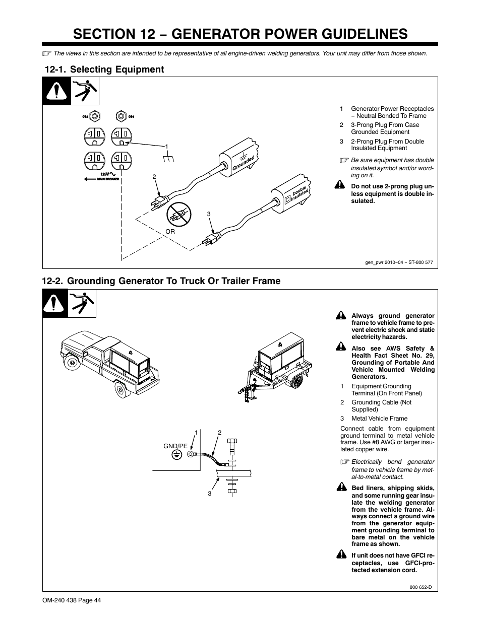 Section 12 − generator power guidelines, 1. selecting equipment, 2. grounding generator to truck or trailer frame | Hobart Welding Products CHAMPION ELITE OM-240 438E User Manual | Page 48 / 64