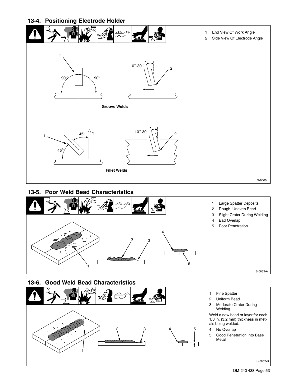 4. positioning electrode holder, 5. poor weld bead characteristics, 6. good weld bead characteristics | Hobart Welding Products CHAMPION ELITE OM-240 438E User Manual | Page 57 / 64