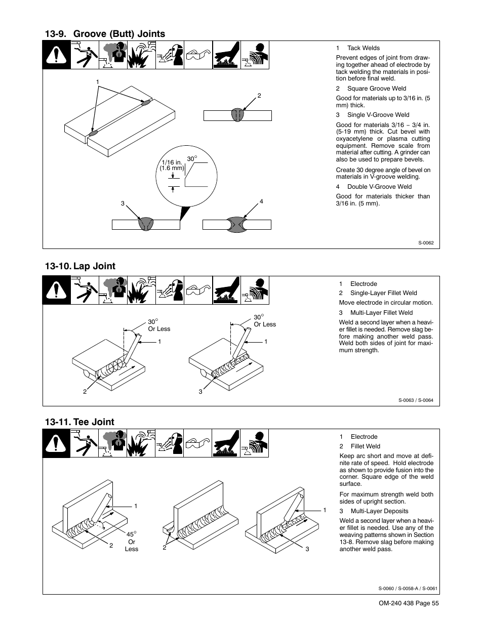 9. groove (butt) joints, 10. lap joint, 11. tee joint | Hobart Welding Products CHAMPION ELITE OM-240 438E User Manual | Page 59 / 64