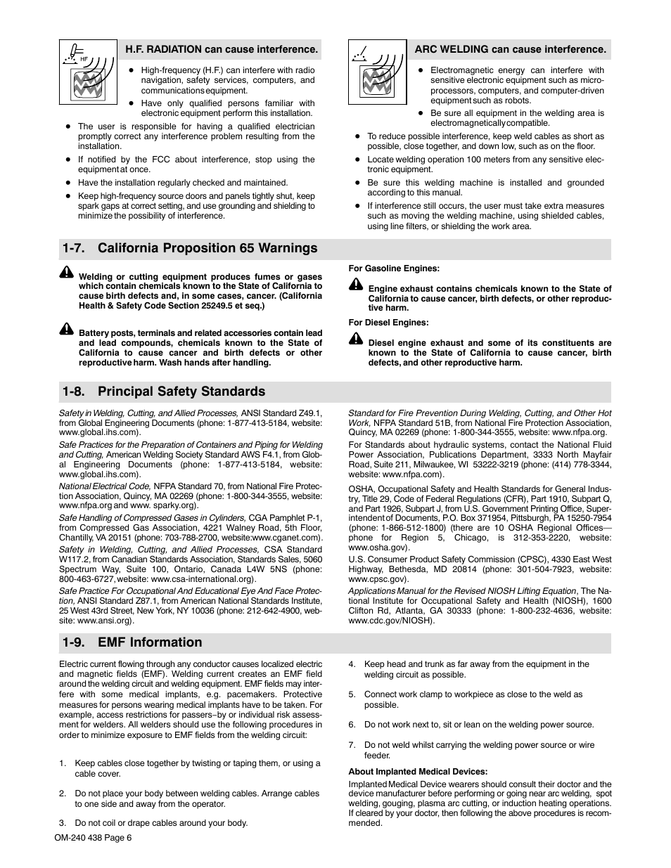 7. california proposition 65 warnings, 8. principal safety standards, 9. emf information | Hobart Welding Products CHAMPION ELITE OM-240 438B User Manual | Page 10 / 72