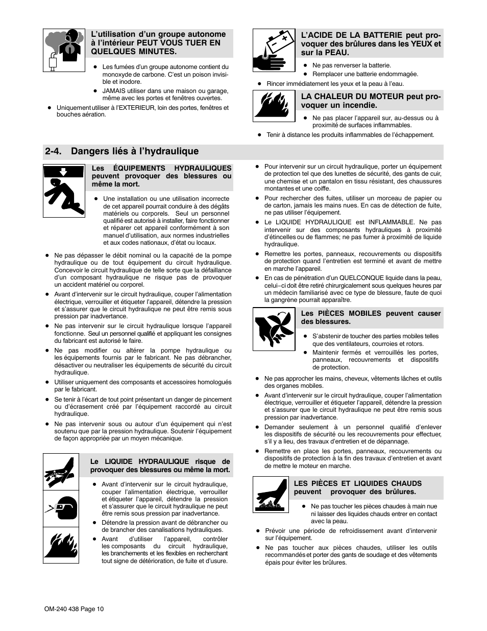 4. dangers liés à l’hydraulique | Hobart Welding Products CHAMPION ELITE OM-240 438B User Manual | Page 14 / 72