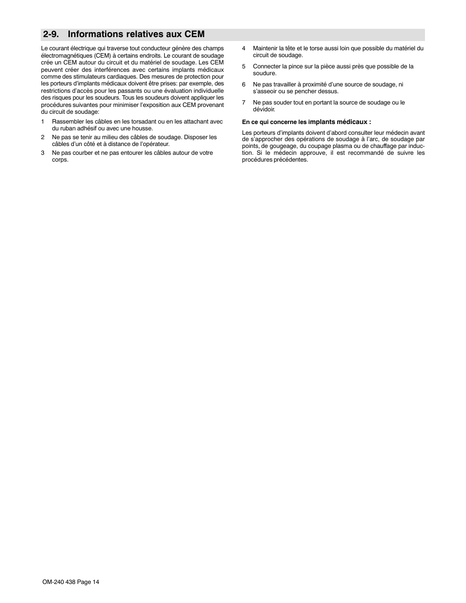 9. informations relatives aux cem | Hobart Welding Products CHAMPION ELITE OM-240 438B User Manual | Page 18 / 72