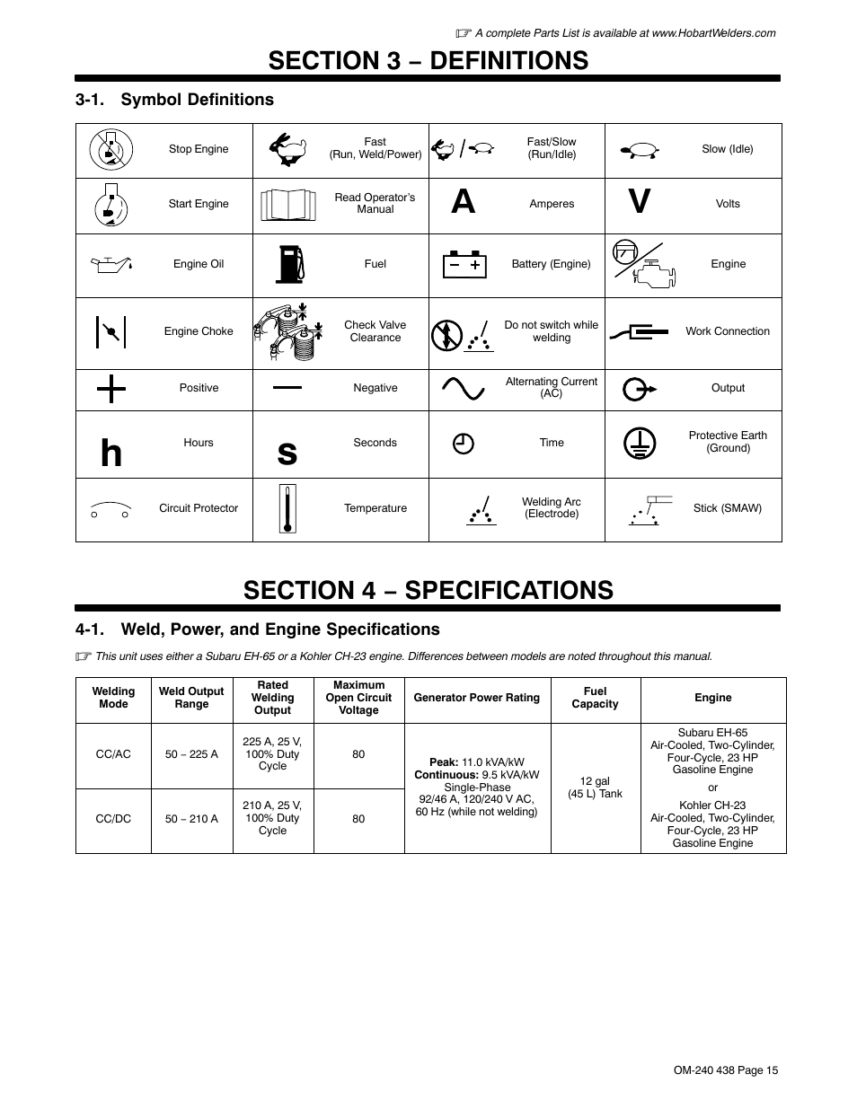 Section 3 − definitions, Section 4 − specifications, 1. weld, power, and engine specifications | 1. symbol definitions | Hobart Welding Products CHAMPION ELITE OM-240 438B User Manual | Page 19 / 72