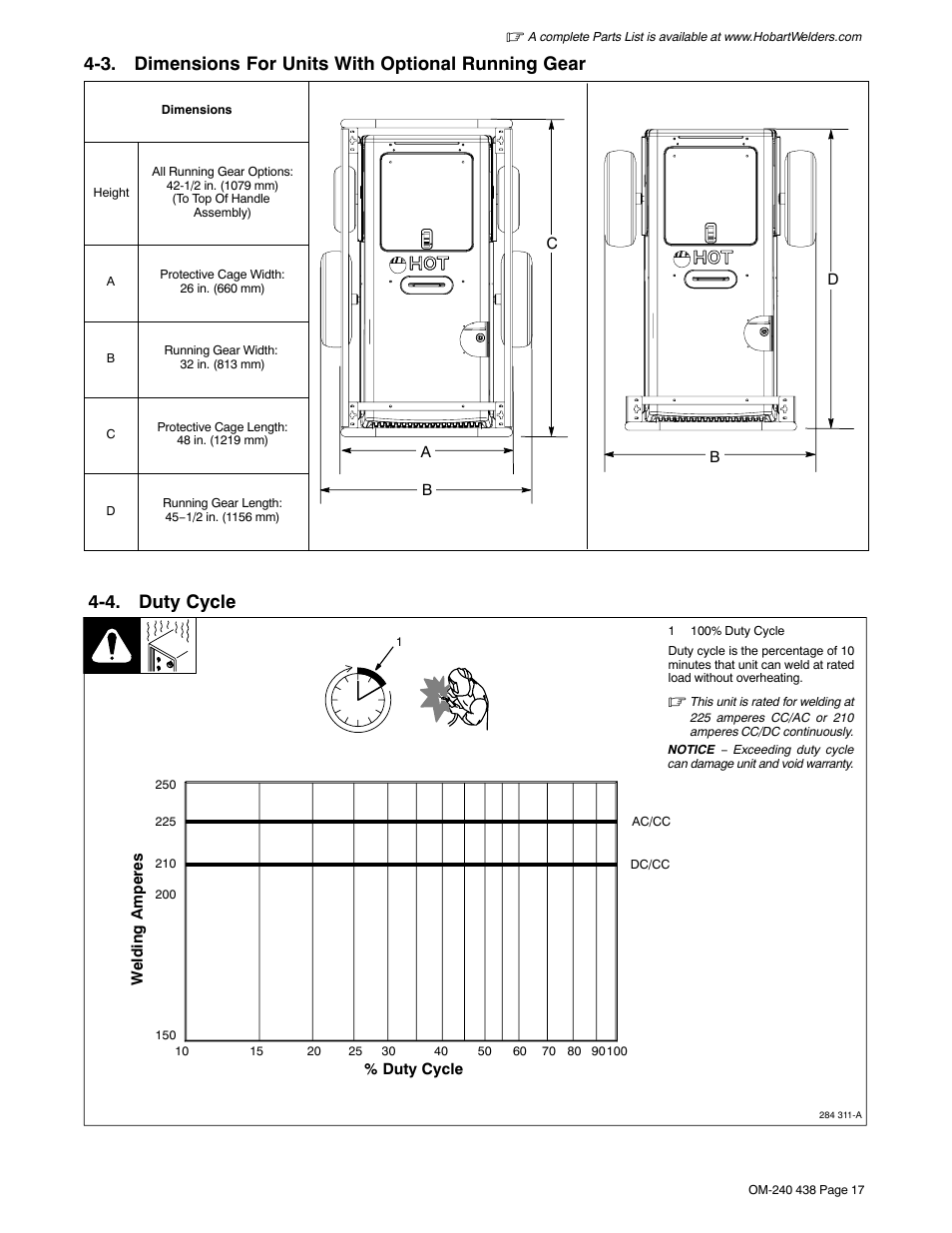 3. dimensions for units with optional running gear, 4. duty cycle | Hobart Welding Products CHAMPION ELITE OM-240 438B User Manual | Page 21 / 72