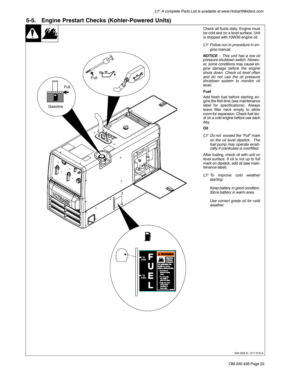 5. engine prestart checks (kohler-powered units) | Hobart Welding Products CHAMPION ELITE OM-240 438B User Manual | Page 27 / 72