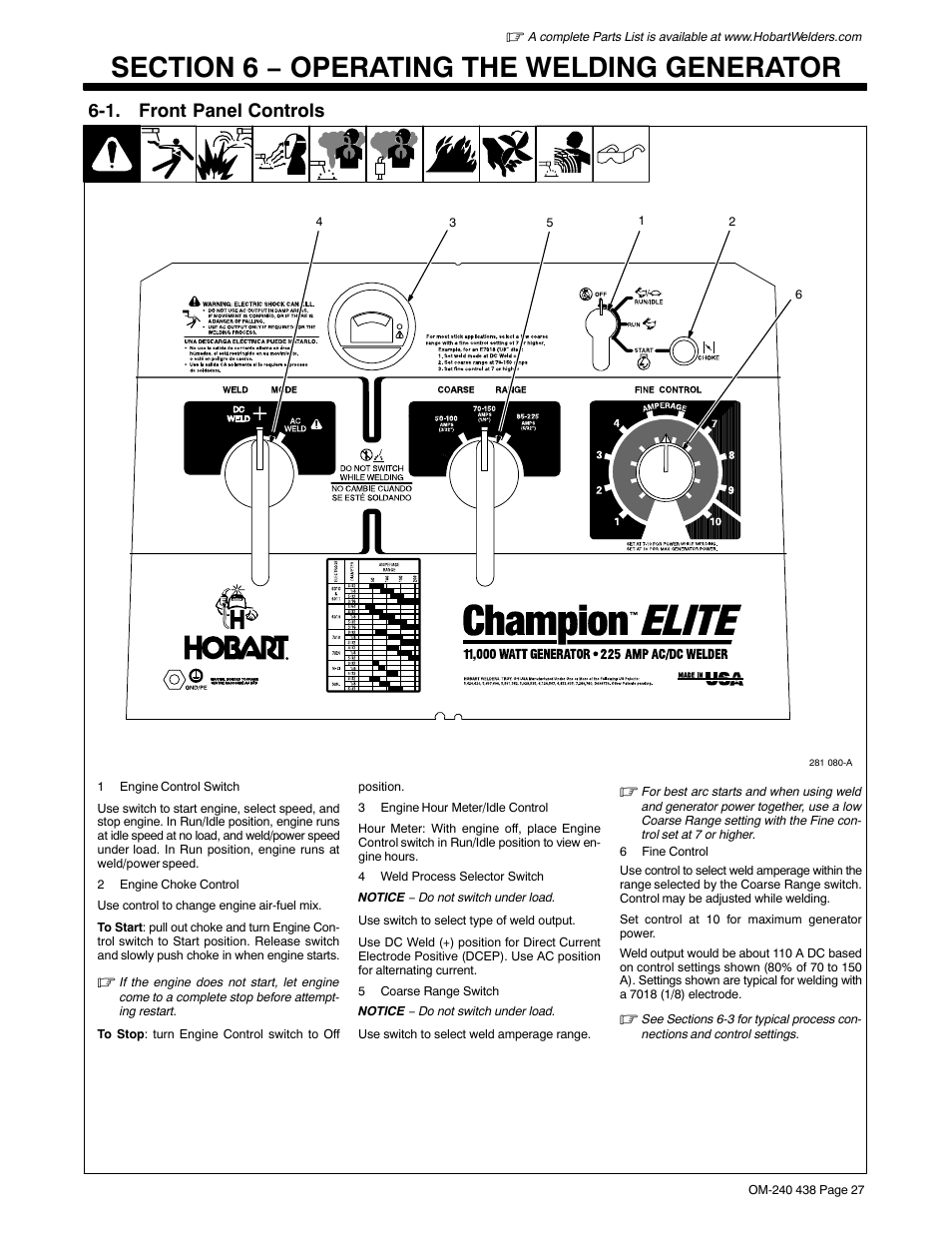Section 6 − operating the welding generator, 1. front panel controls | Hobart Welding Products CHAMPION ELITE OM-240 438B User Manual | Page 31 / 72