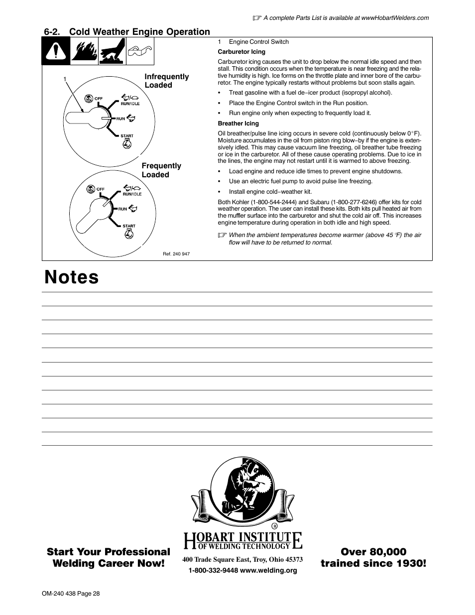 2. cold weather engine operation | Hobart Welding Products CHAMPION ELITE OM-240 438B User Manual | Page 32 / 72