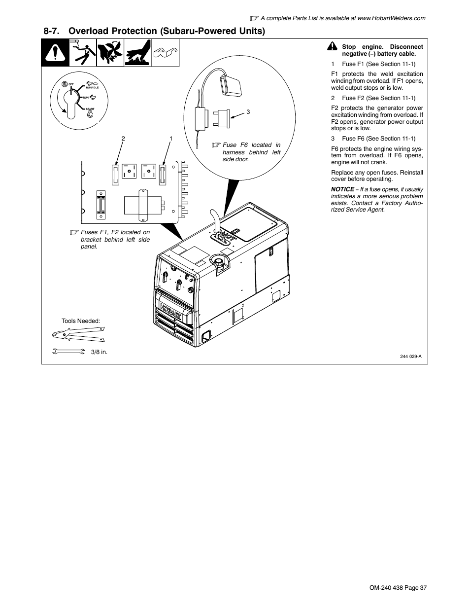 7. overload protection (subaru-powered units) | Hobart Welding Products CHAMPION ELITE OM-240 438B User Manual | Page 41 / 72