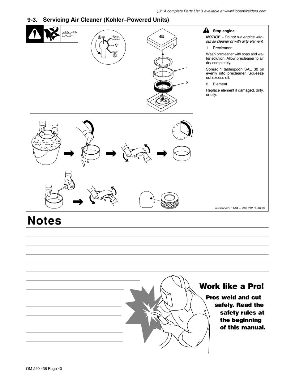 3. servicing air cleaner (kohler−powered units), Section 9-3, Work like a pro | Hobart Welding Products CHAMPION ELITE OM-240 438B User Manual | Page 44 / 72
