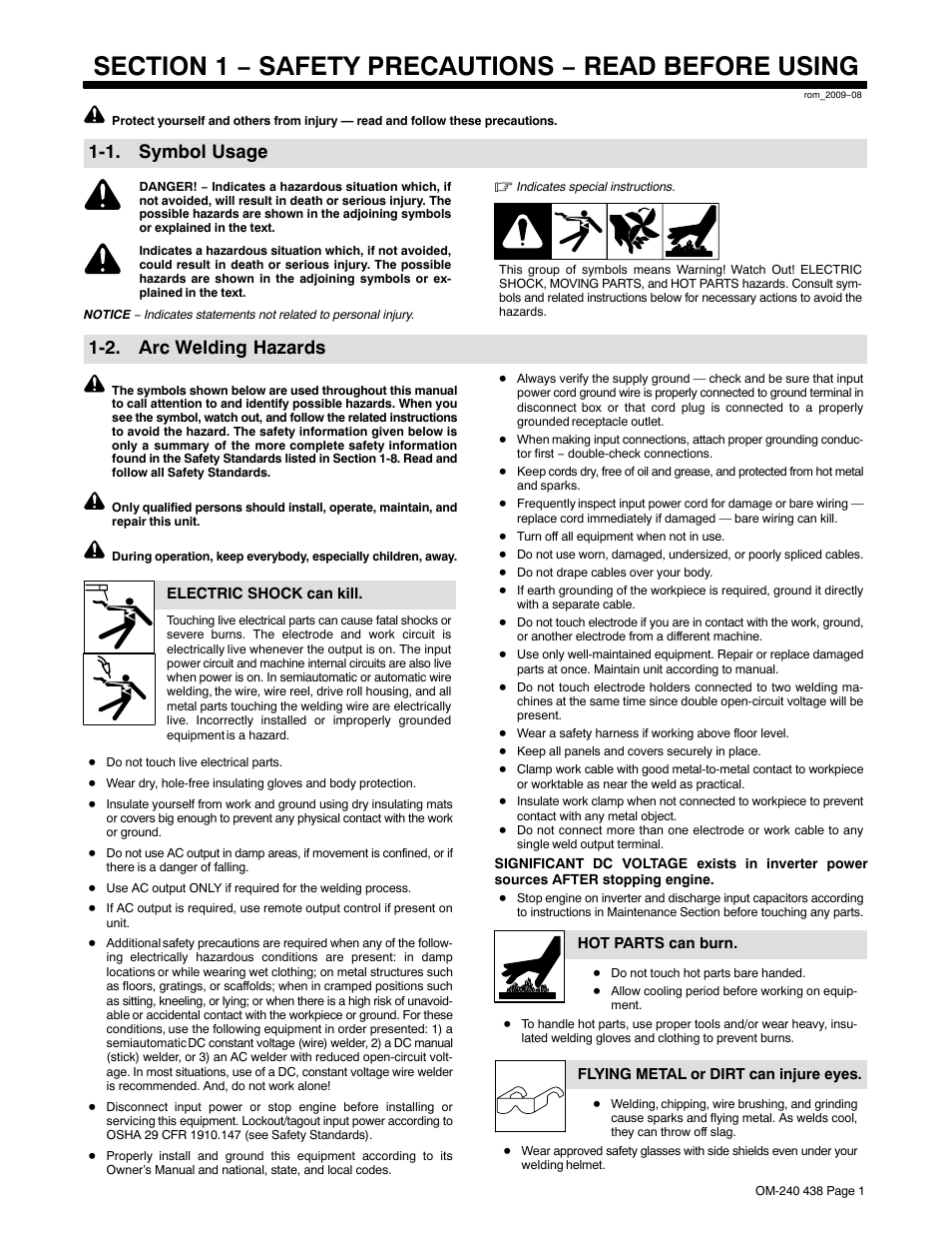 Section 1 − safety precautions − read before using, 1. symbol usage, 2. arc welding hazards | Hobart Welding Products CHAMPION ELITE OM-240 438B User Manual | Page 5 / 72