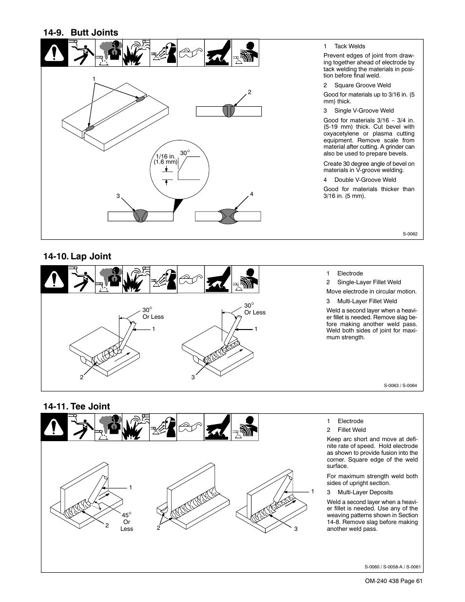 9. butt joints, 10. lap joint, 11. tee joint | Hobart Welding Products CHAMPION ELITE OM-240 438B User Manual | Page 65 / 72