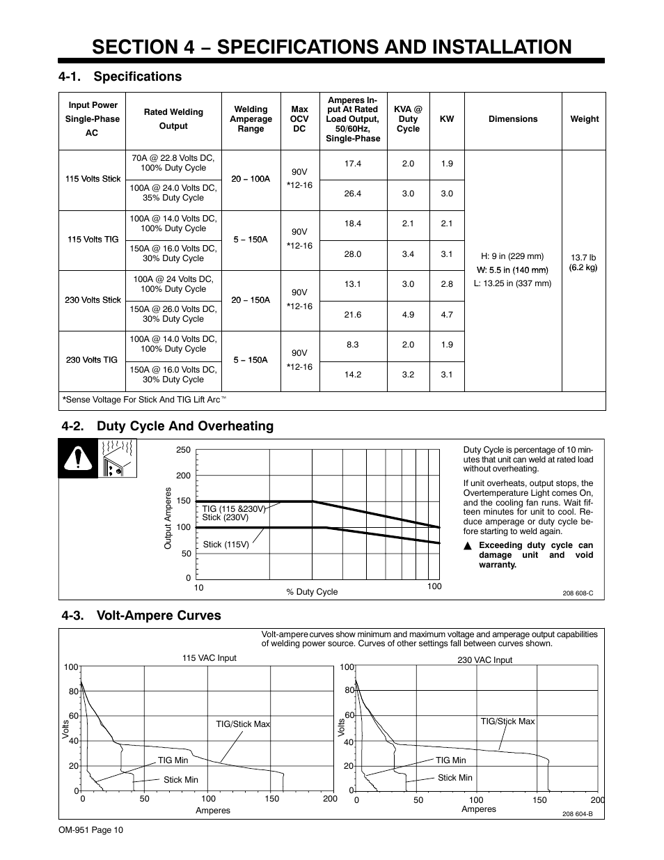 Section 4 − specifications and installation, 1. specifications, 2. duty cycle and overheating | 3. volt-ampere curves | Hobart Welding Products 150 STI User Manual | Page 12 / 24