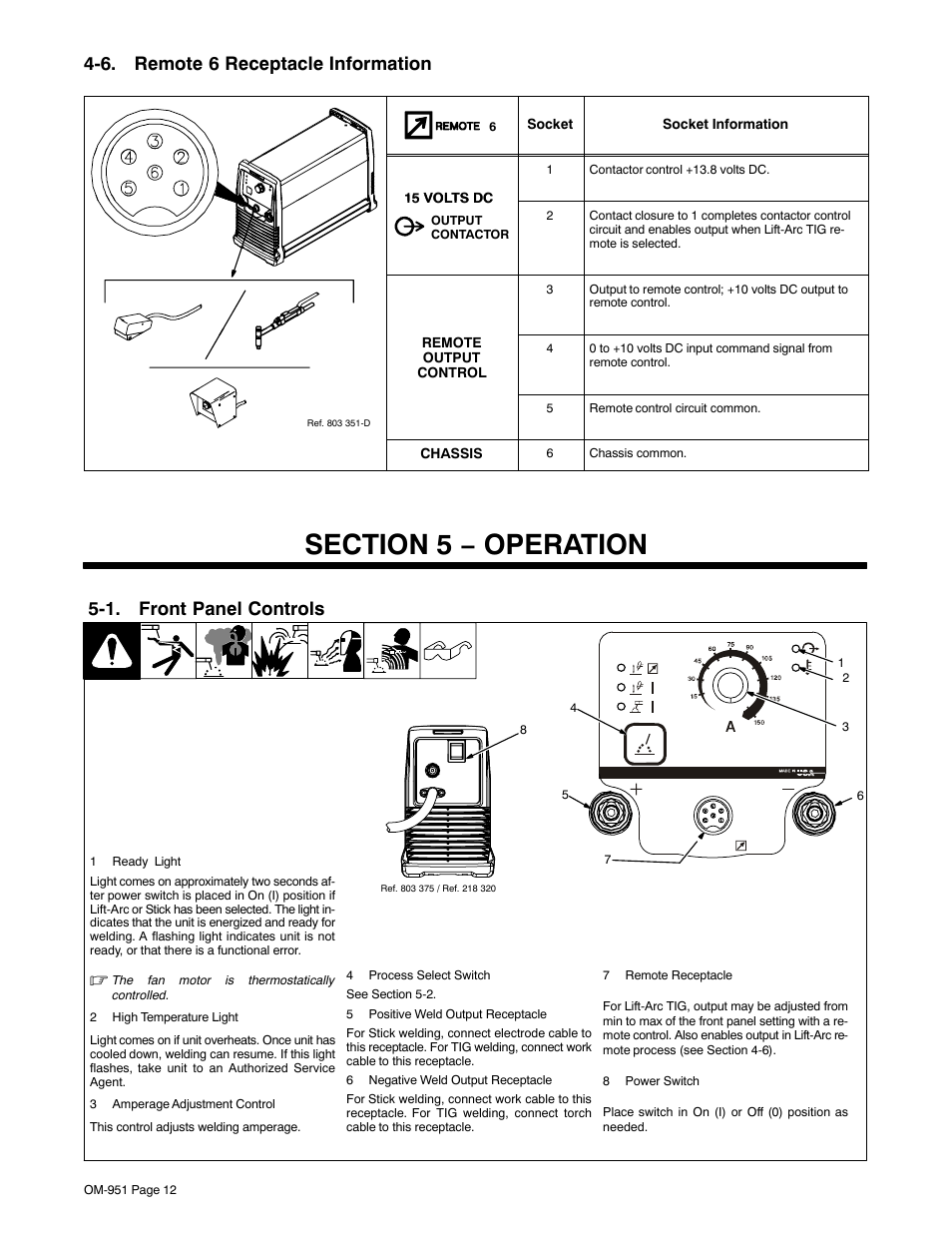 6. remote 6 receptacle information, Section 5 − operation, 1. front panel controls | Hobart Welding Products 150 STI User Manual | Page 14 / 24