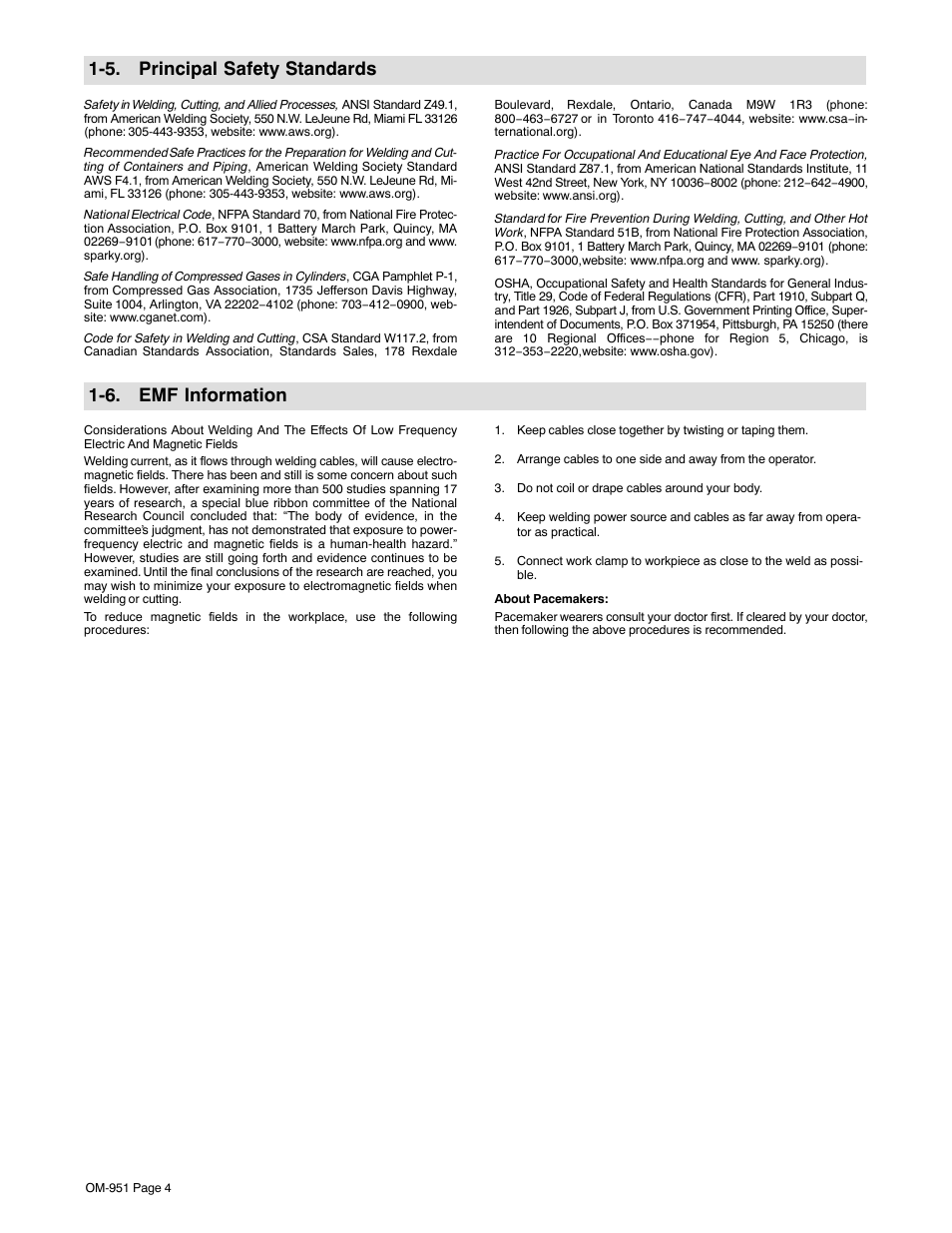 5. principal safety standards, 6. emf information | Hobart Welding Products 150 STI User Manual | Page 6 / 24