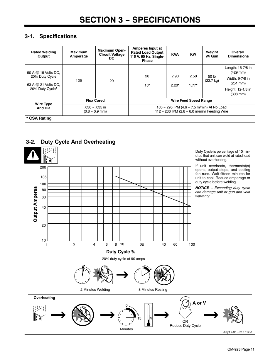 Section 3 − specifications, 1. specifications, 2. duty cycle and overheating | Hobart Welding Products Handler 125 EZ User Manual | Page 15 / 48