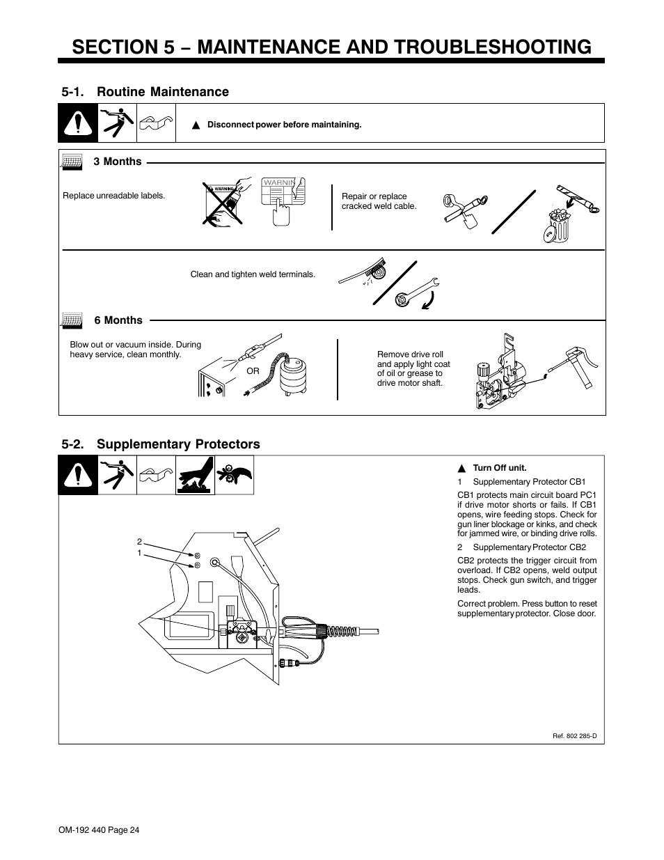 Section 5 − maintenance and troubleshooting, 1. routine maintenance, 2. supplementary protectors | Hobart Welding Products IRONMAN 250 User Manual | Page 28 / 56