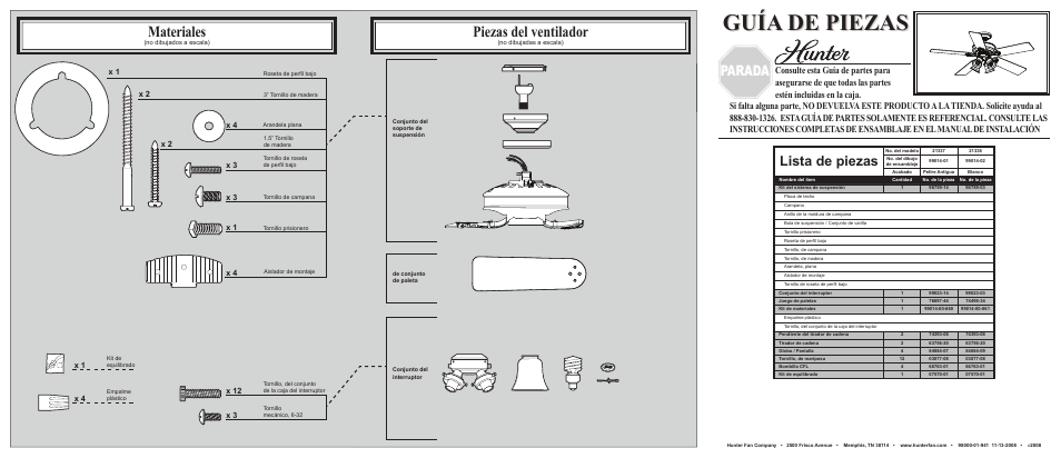 Guía de piezas, Materiales, Piezas del ventilador | Parada, Lista de piezas | Hunter Fan 21338 User Manual | Page 2 / 2