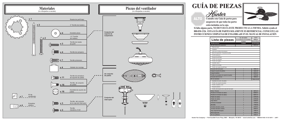 Guía de piezas, Piezas del ventilador, Materiales | Parada, Alto, Lista de piezas | Hunter Fan 21317 User Manual | Page 2 / 2