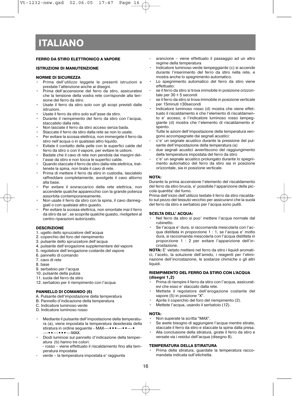 Italiano | Vitek VT-1232 User Manual | Page 16 / 44