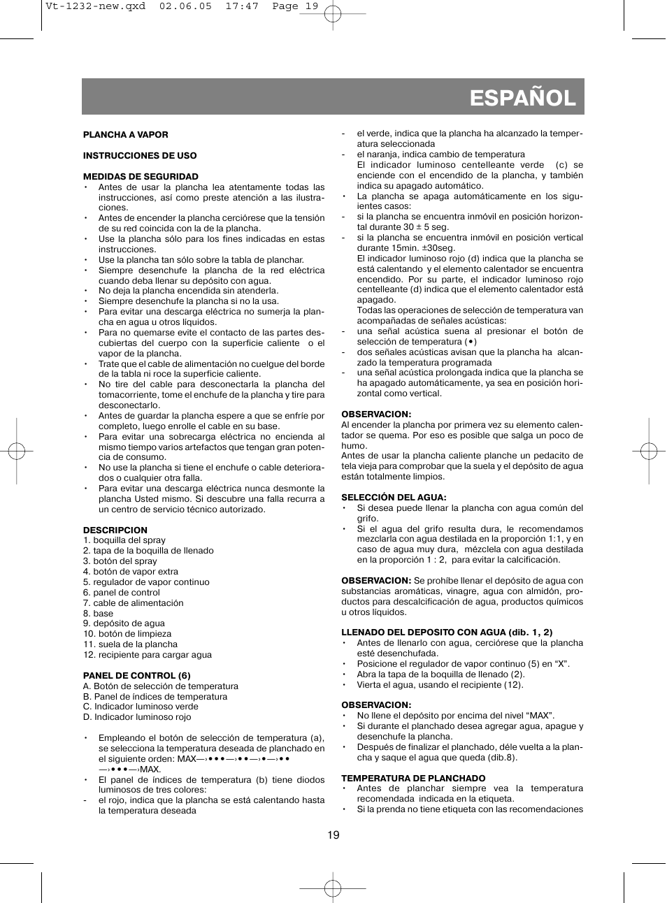 Español | Vitek VT-1232 User Manual | Page 19 / 44
