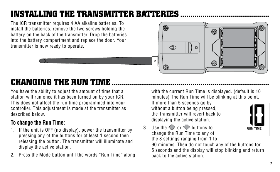 Installing the transmitter batteries, Changing the run time | Hunter Fan ICR User Manual | Page 11 / 32