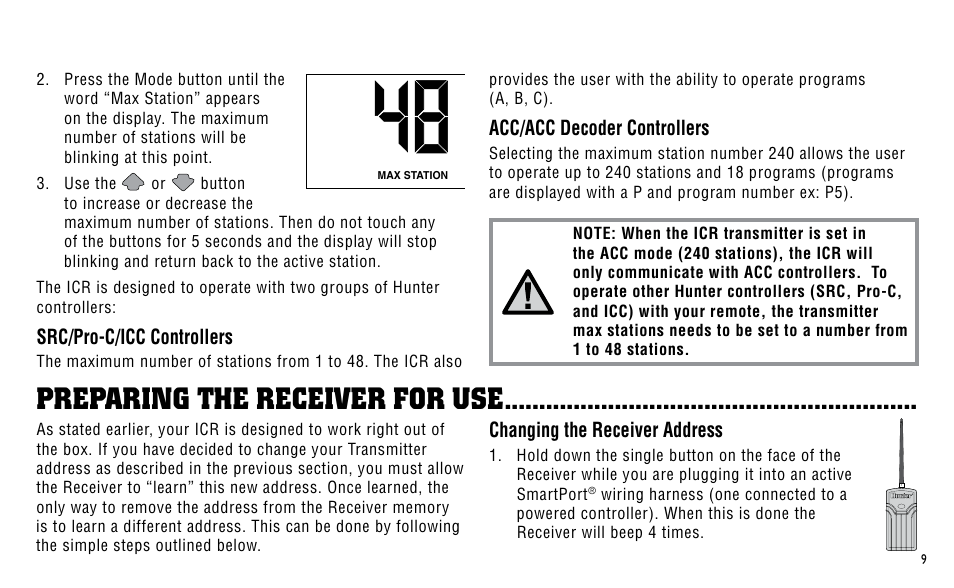 Preparing the receiver for use, Src/pro-c/icc controllers, Acc/acc decoder controllers | Changing the receiver address | Hunter Fan ICR User Manual | Page 13 / 32