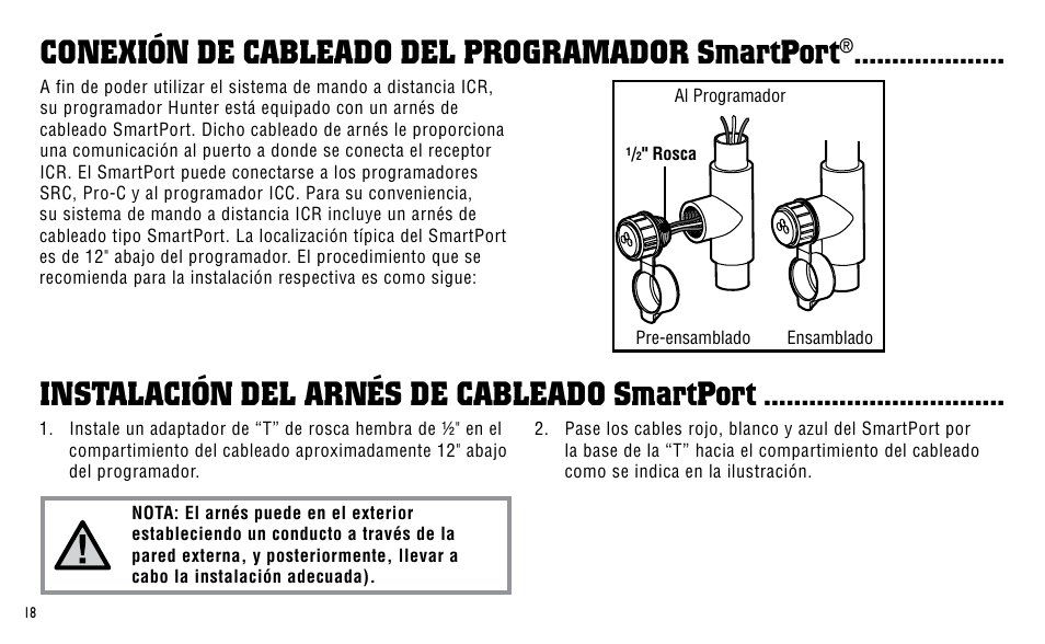 Conexión de cableado del programador smartport, Instalación del arnés de cableado smartport | Hunter Fan ICR User Manual | Page 22 / 32