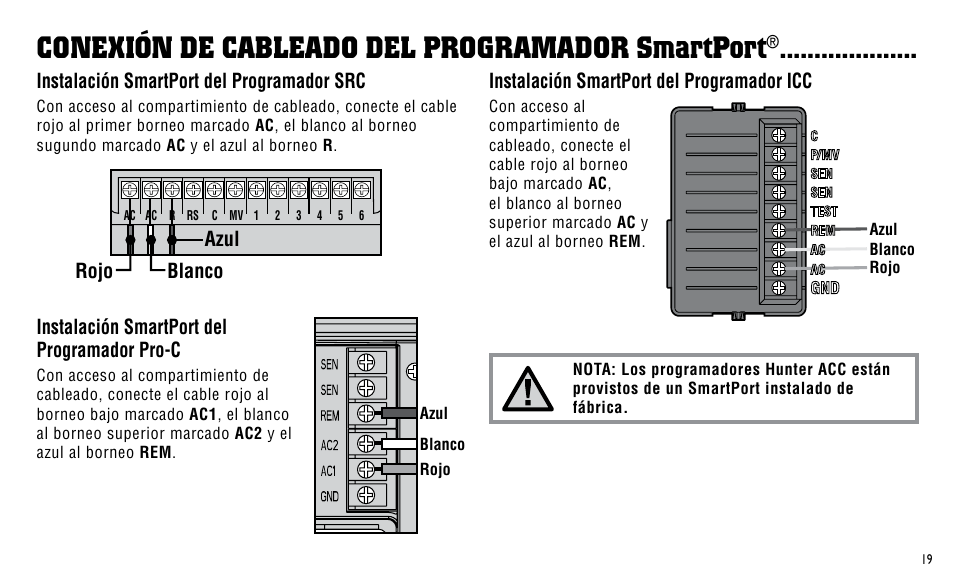 Conexión de cableado del programador smartport | Hunter Fan ICR User Manual | Page 23 / 32